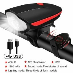 Unbranded Shxx Bicycle Front Light Avec Bike Horn Usb Rechargeable Bike Front Lamp Electronic Bell Cycling Lampe De Poche LanternE VTT Accessoires (rouge) Xq-zxc55