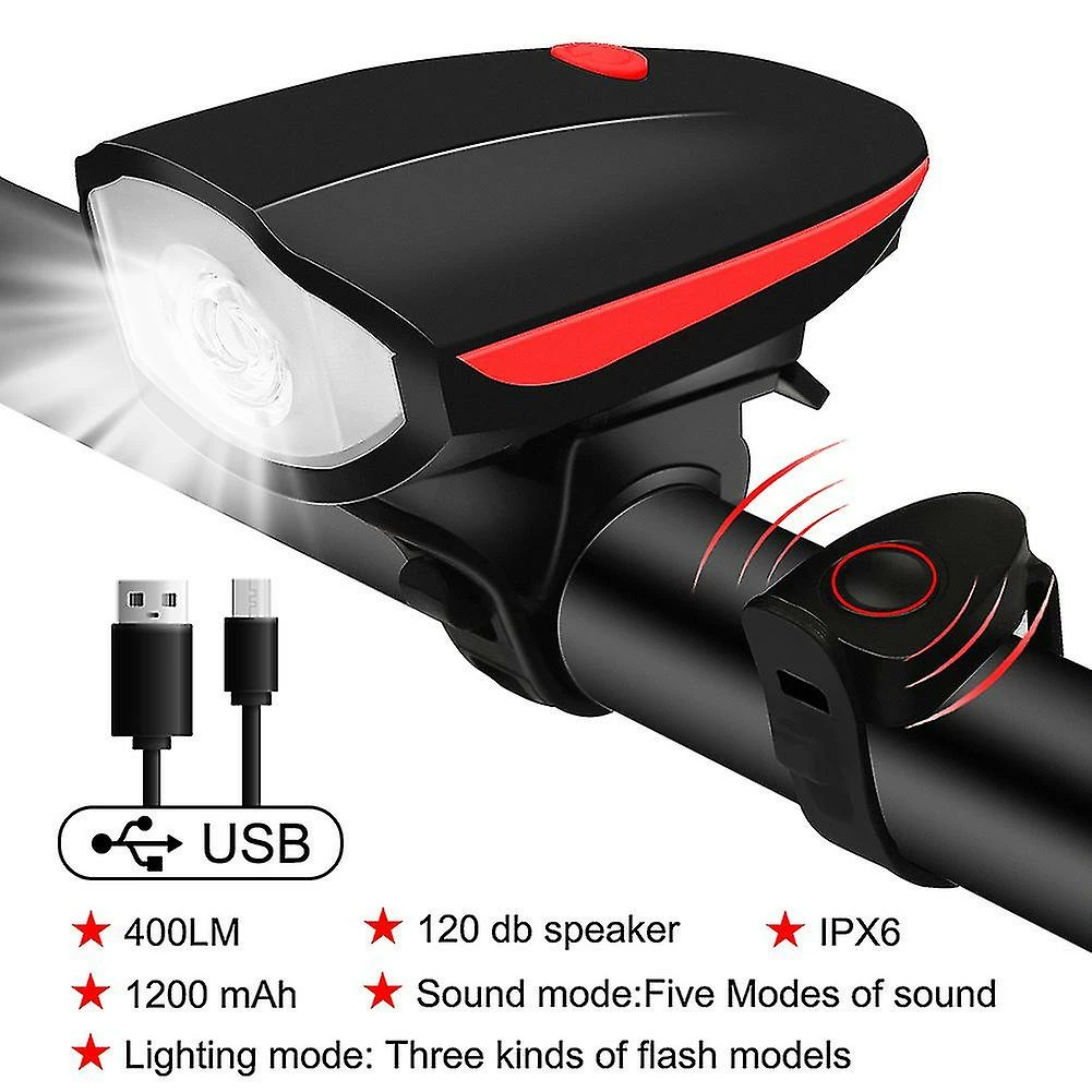 Unbranded Shxx Bicycle Front Light Avec Bike Horn Usb Rechargeable Bike Front Lamp Electronic Bell Cycling Lampe De Poche LanternE VTT Accessoires (rouge) Xq-zxc55